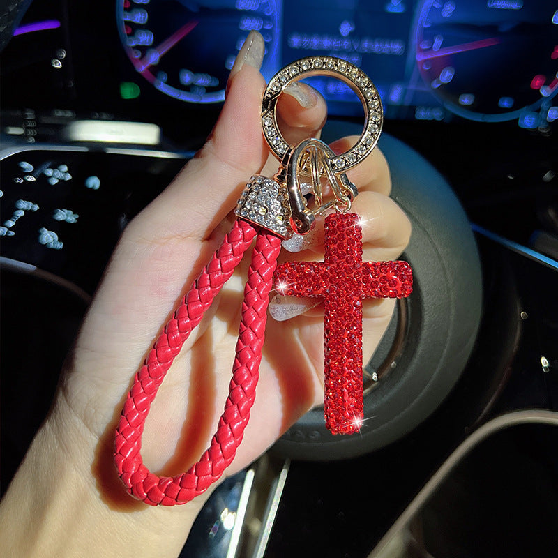 Wholesale Clay Full Diamond Cross with Diamond Hand-woven Rope Car Keychains